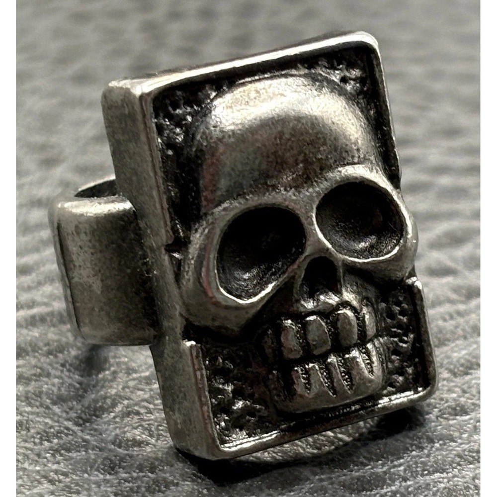 VTG Silver Tone Skull Head Biker Punk Goth Statement Ring Size 6.75 Adjustable